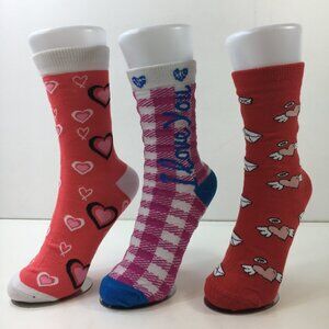 Womens Crew Socks Set 3 Valentines Day Hearts Love Notes Checkered Pink Red Blue